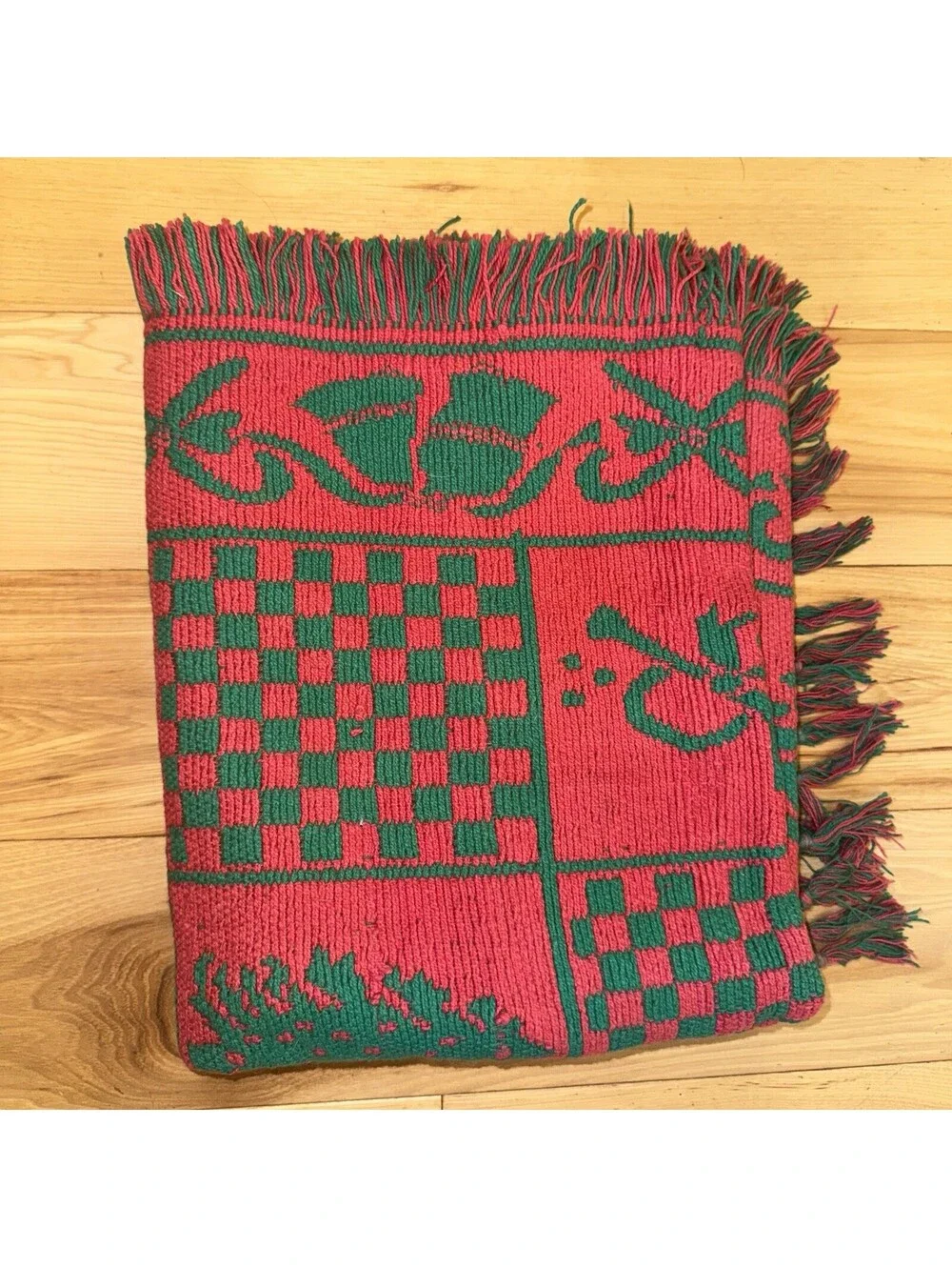 Vtg Christmas Woven Throw Blanket Red Green Reversible Holiday Tree Holly 46x30